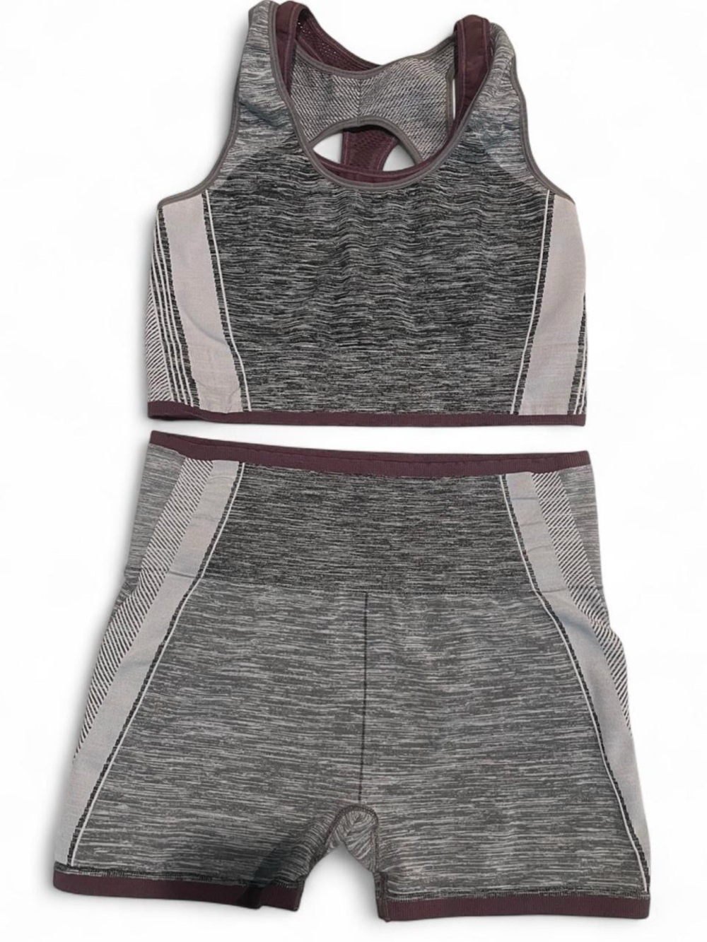 Size: Large l Athleta Purple and Gray 3.5" High Waisted Shorts and Crop Top Set